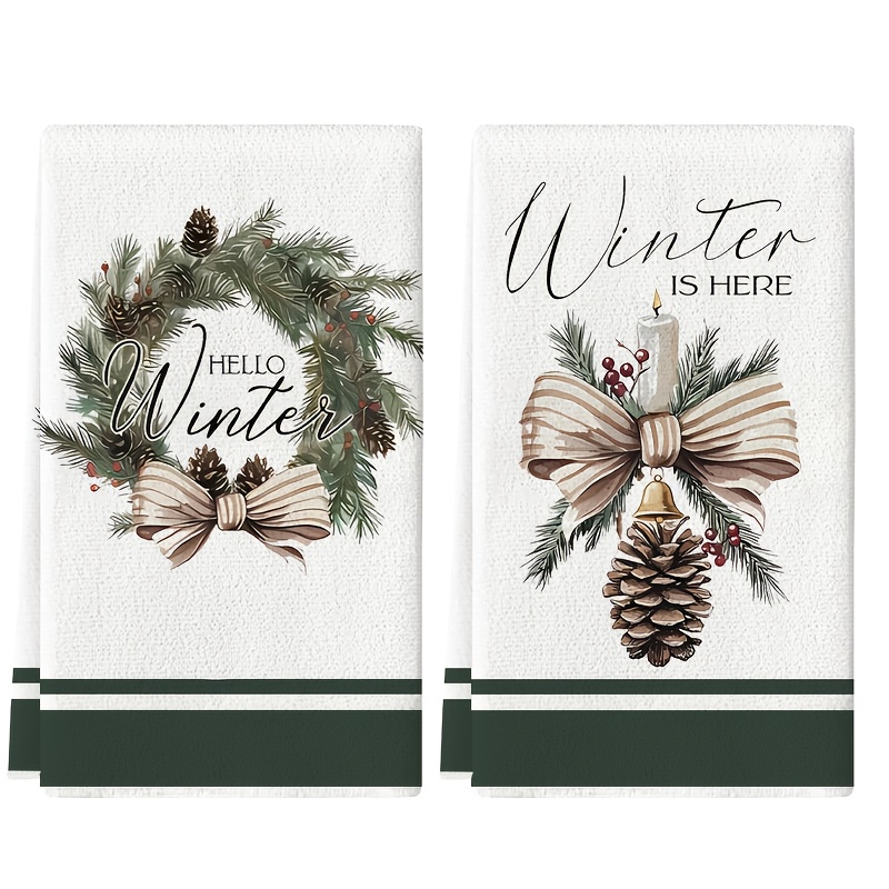 TEMU Set strofinacci da cucina invernali natalizi - Design con e festive, testo "L'inverno 癡 " e " inverno", combinazione di colori verde e marrone,