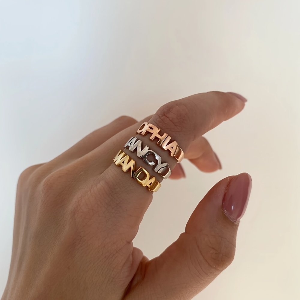 Custom Name Golden Stainless Steel Ring, Elegant Monogrammed Band