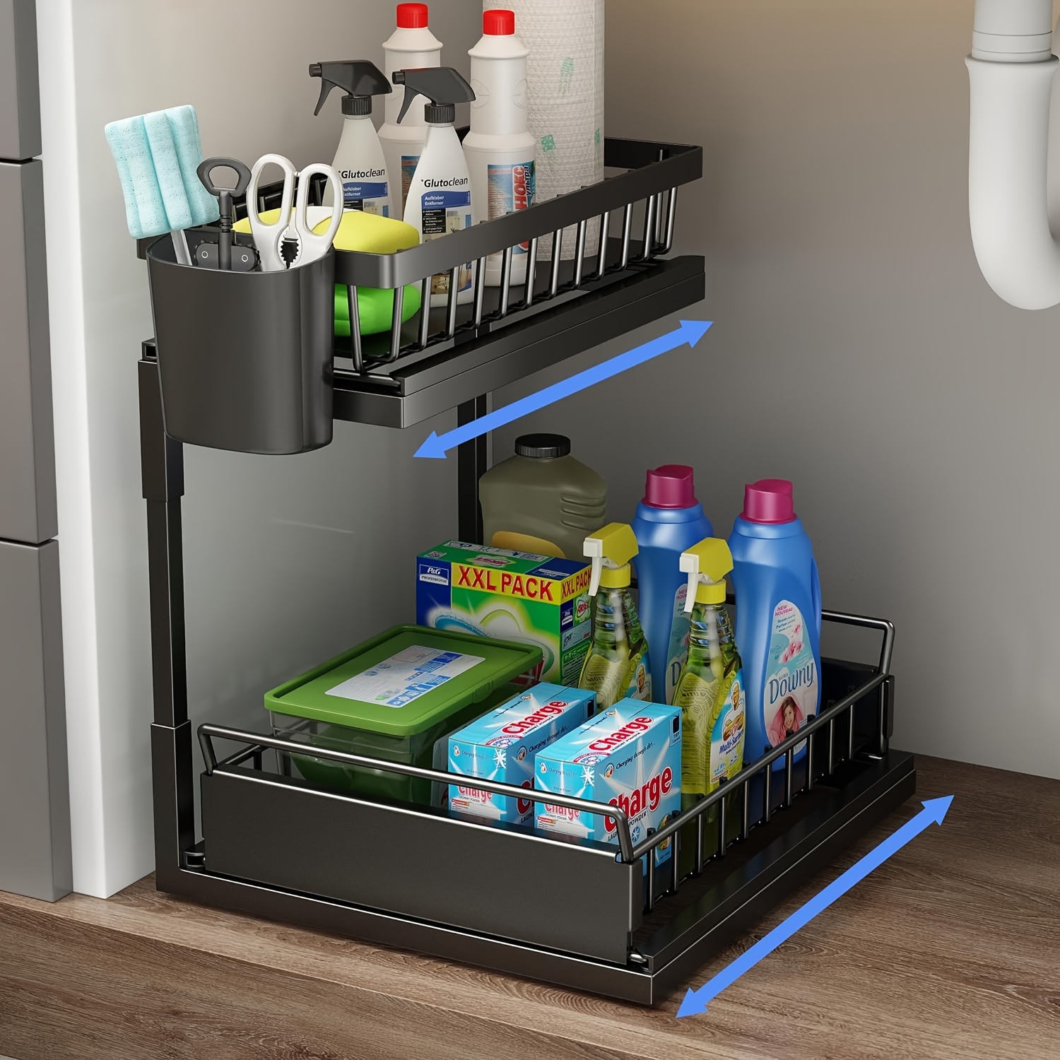 

Metal Under Sink Organizer, 2-tier Double Sliding Under Sink Storage For Kitchen & Bathroom Cabinet-black