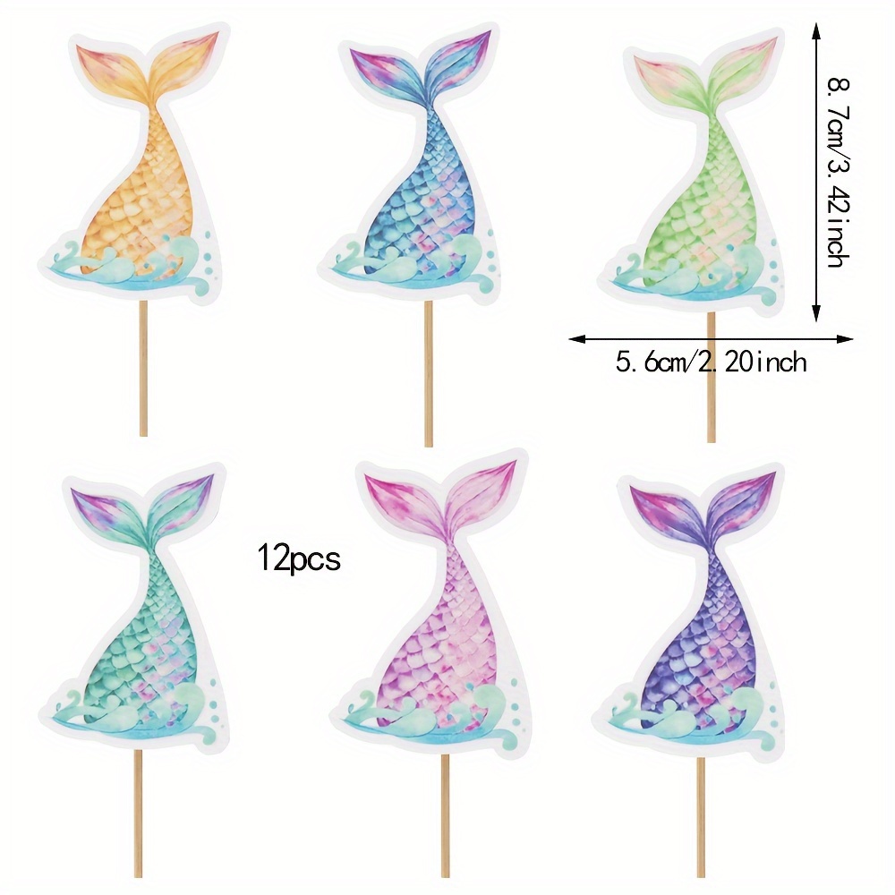 12 Mermaid Tail Cake Toppers, Perfect For Baking Decorations