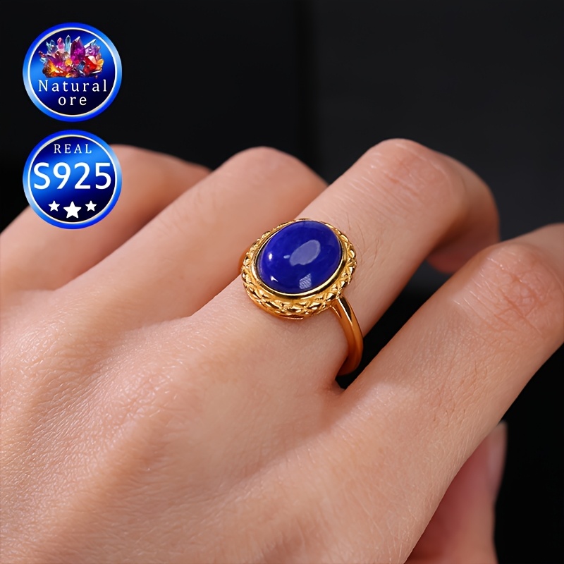 Natural Stone Ring S925 Silver Lapis Lazuli Vintage Gift