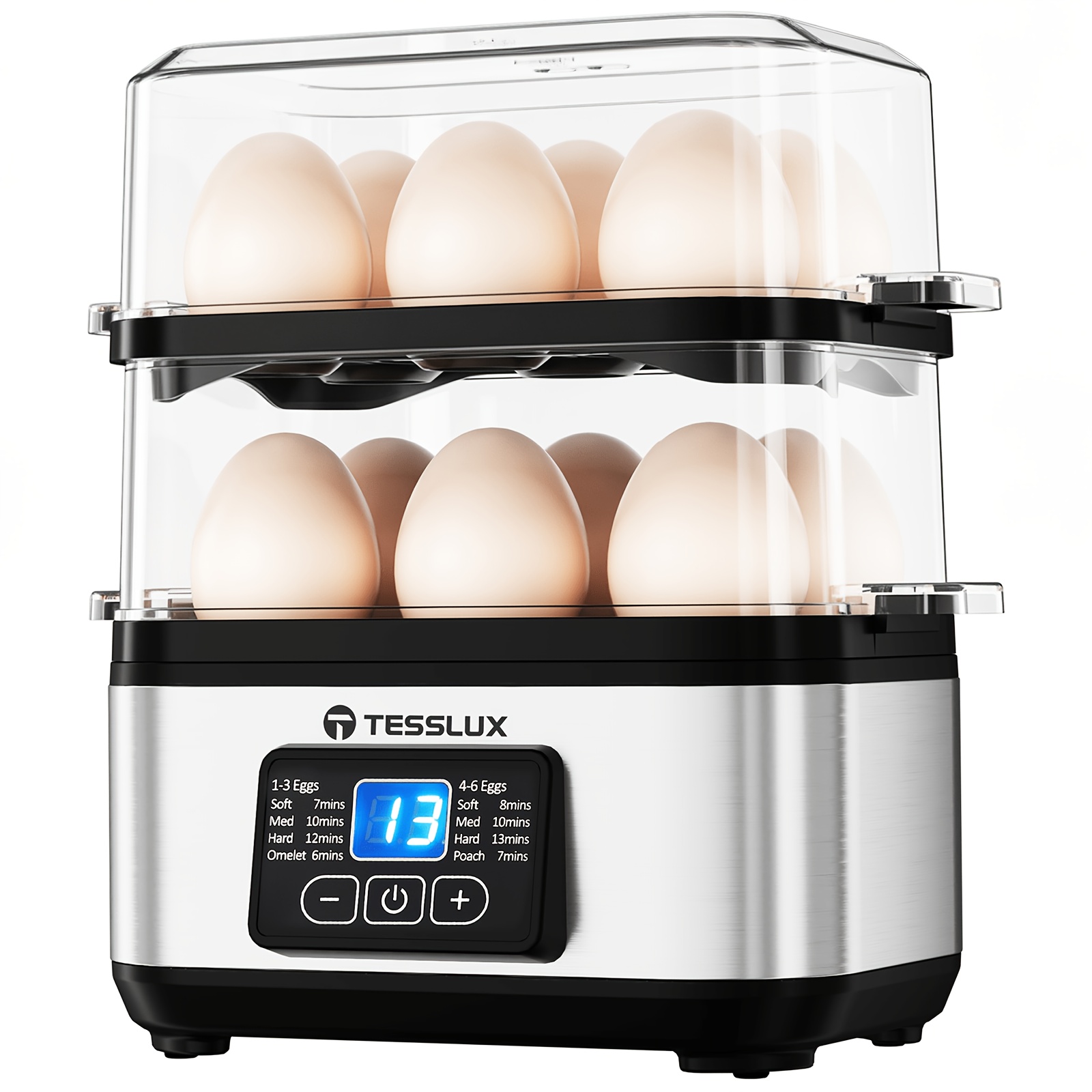 Tesslux Dual Layer Egg Cooker, 12 Eggs Capacity Electric Egg Boiler with LED Digital Timer, Auto Shut-Off, for Hard Boiled, Soft Boiled, Poached, Scrambled Eggs & Omelets, Food-Safe Steamer, Home Kitchen Gift