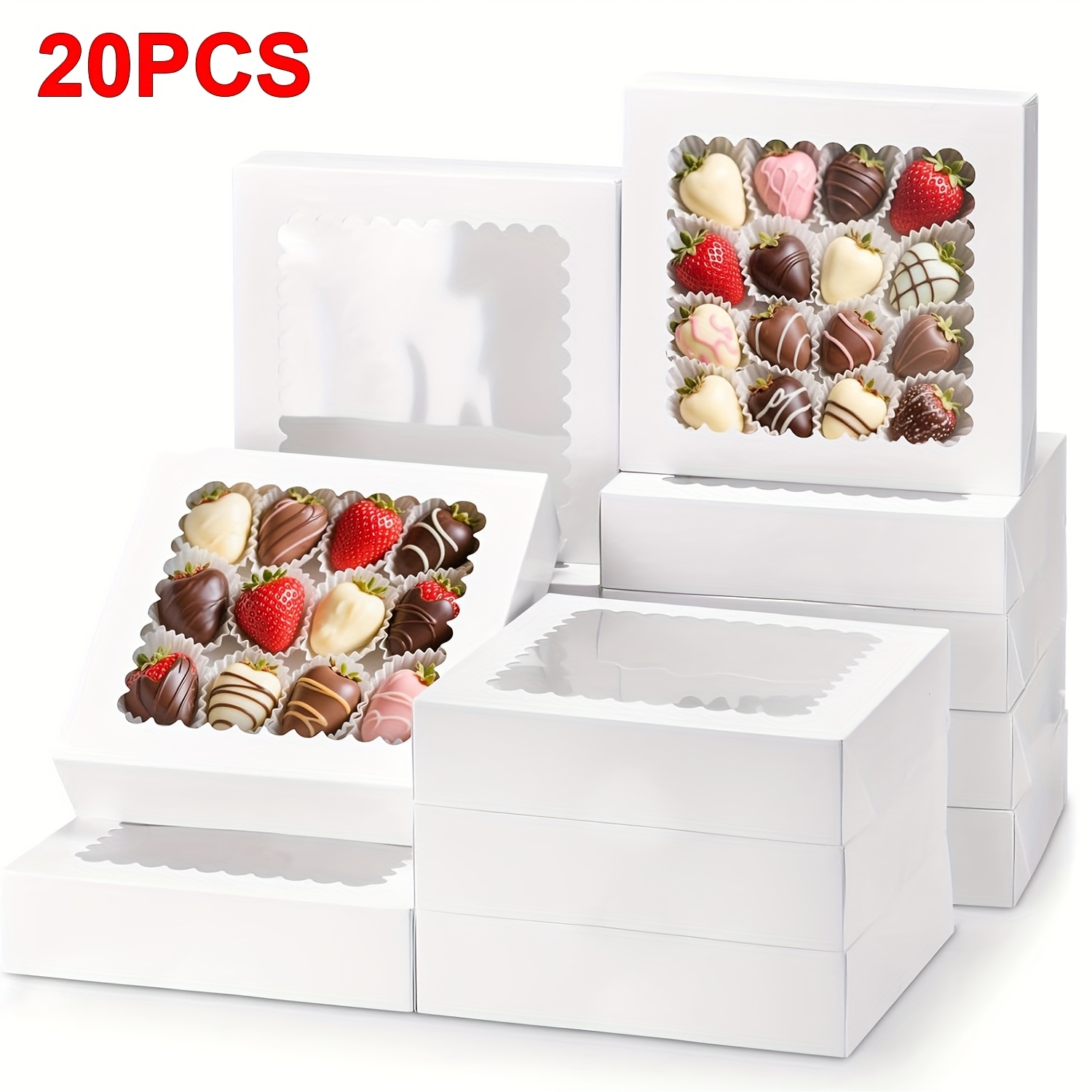E-shop 20 Stück Bäckerei Boxen mit Fenster, 8X8X2,5 Zoll Weiße Süßigkeitenboxen für Desserts, Kekse, Gebäck, und Torte
