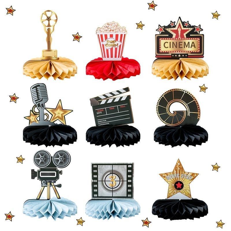 

9pcs Cinema-themed Honeycomb Decoration Set - 3d Paper Table Centerpieces With , , Statue & More - Ideal For Film Night Parties & Birthday Celebrations, Decor