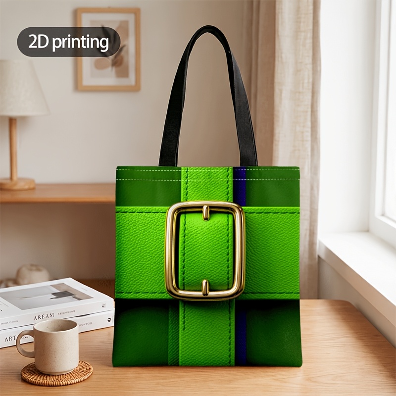 TEMU Sac bandoulière et sac à main plat 2D pour hommes et femmes, de couleur vert avec impression de boucle carrée dorée, poignée noire, sac