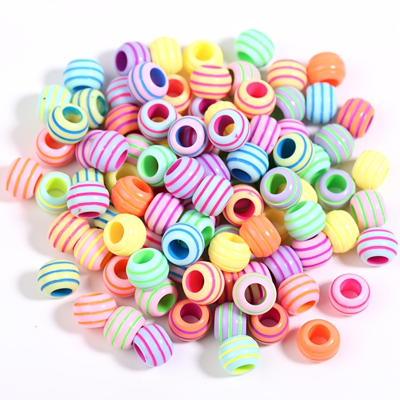 TEMU 100pcs 7x10mm Acrylic Macaron Color Striped Large Hole Beads For Jewelry Making Bracelet Necklace Earring Additions