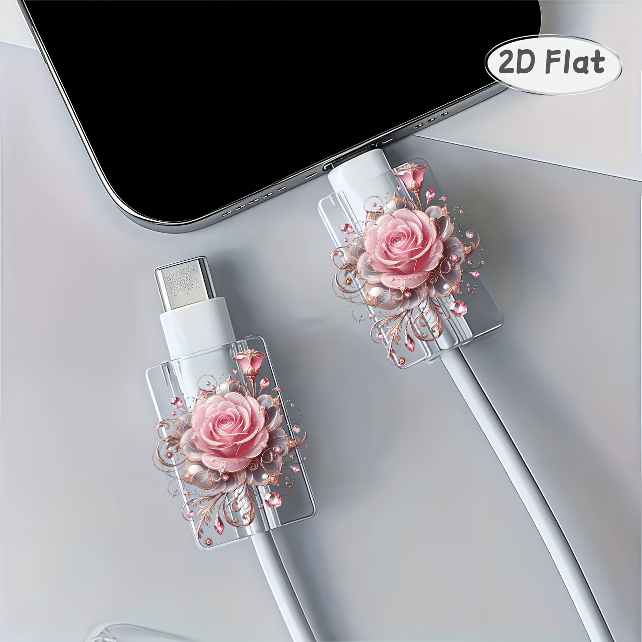 TEMU 2d Flat 2pcs Pink Diamond Rose Image Data Cable Protective Case, Damage-resistant, Type-c Phone Data Cable Protector, Beautiful And Durable