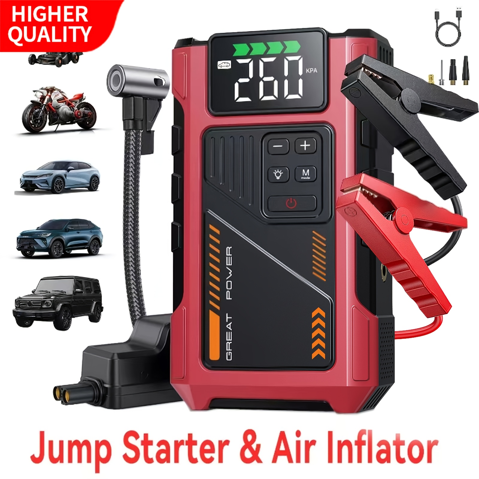 TEMU /6000a Portable Car Jump Starter With Air Compressor, Suitable For 12v(8.0l Gas, 6.5l ) Packwith150 Psl Tire Inflator, 12v Car Battery With Led