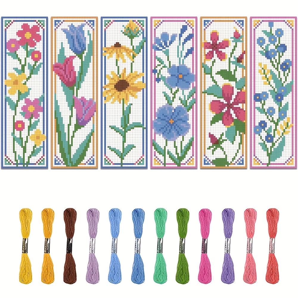 

6pcs Cartoon Style Diy Stitch Bookmark Kit - Vibrant Floral Patterns, Includes Cloth, Thread, Tools & Easy Instructions - Ideal For Craft Beginners & Gift