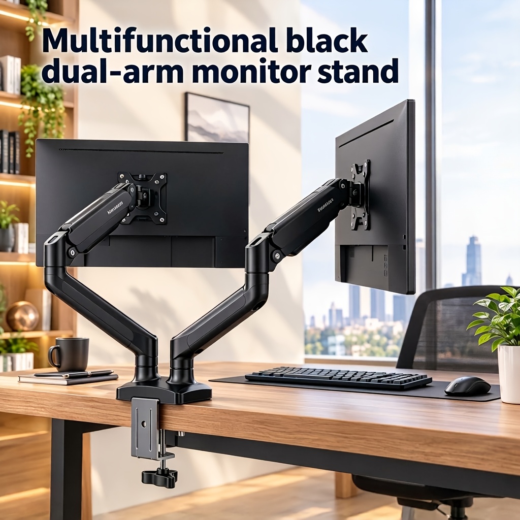 Image of Multifunctional Dual Arm Monitor Stand, Gas Spring Dual Screen Bracket, Full Motion Height/ Tilt/ Rotation Adjustment, Black Vesa Monitor Mount For 2 Screens, Desktop Use For Home And Office