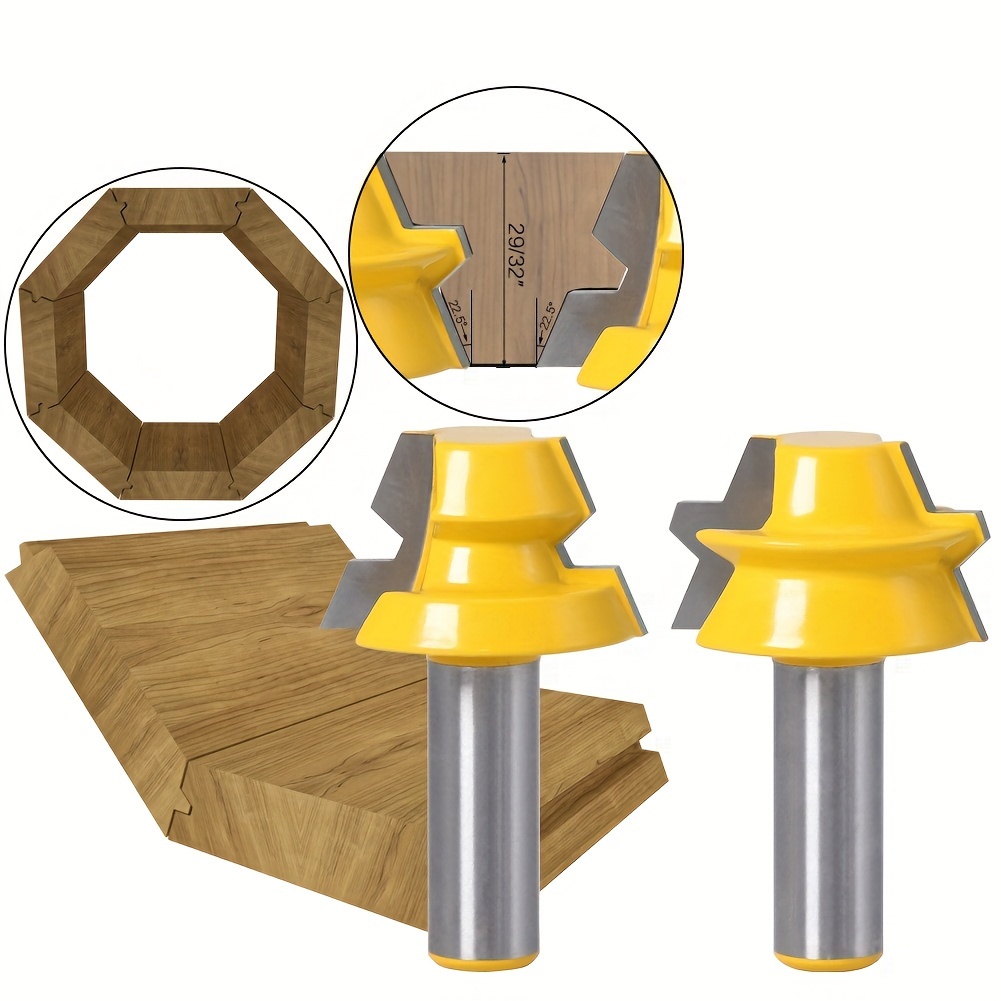 

2pc Lock Miter Router 22.5 Degree Glue Joinery Router Bit - 1/2in Shank 8mm Shank Woodworking Cutter Tenon Cutter For Wood