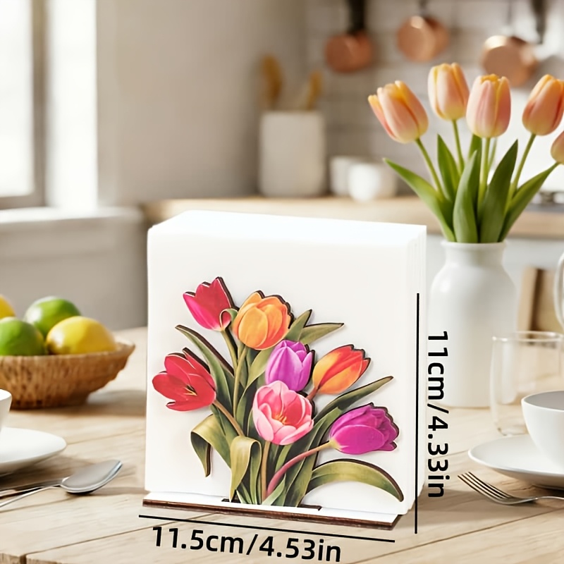 TEMU 1 pieza, Servilletero de madera con temática de tulipanes, Organizador de mesa para fiestas de , Decoración para de en casa, Decoración de mesa