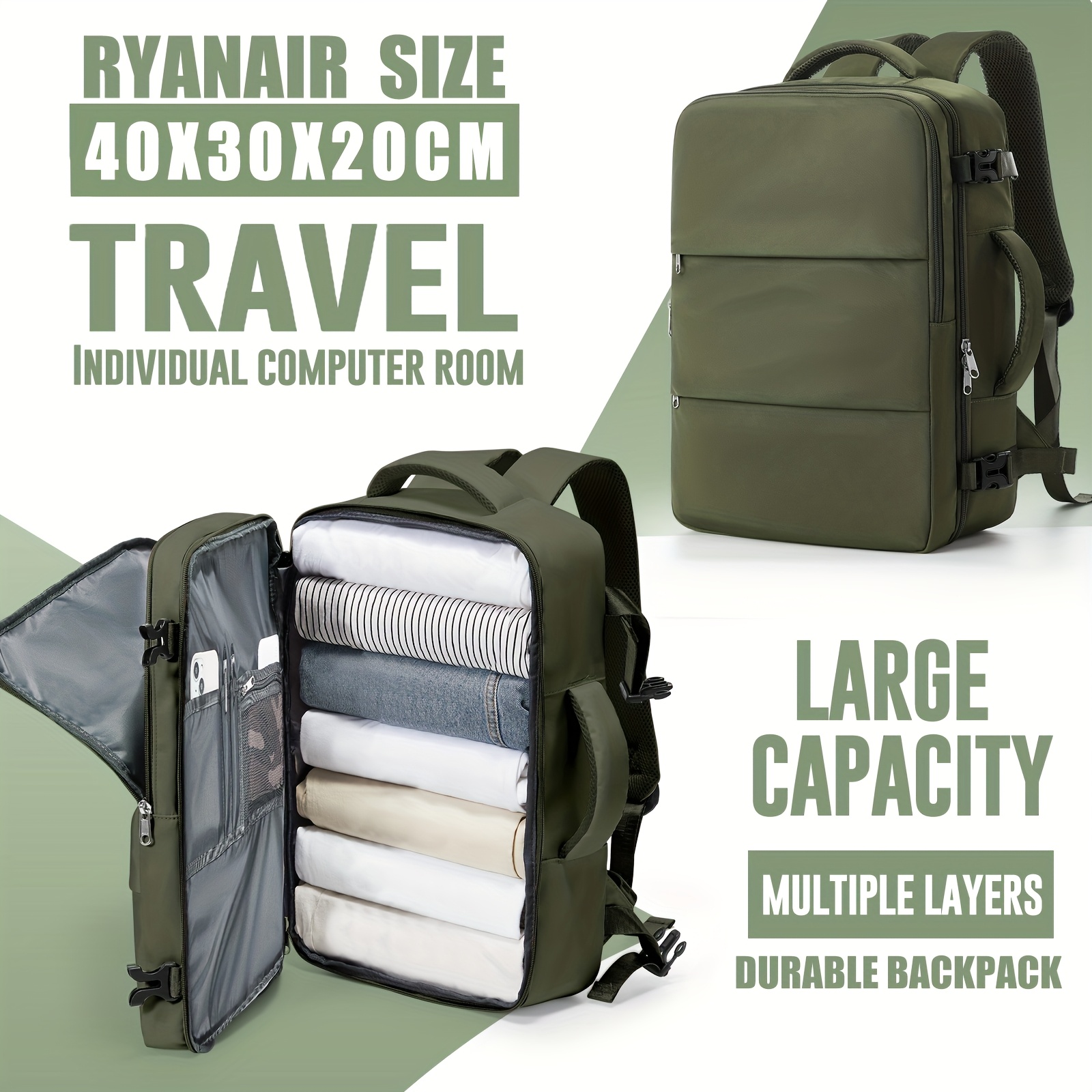 TEMU 40x30x20cm Travel Backpack For Ryanair Size, Large Capacity Cabin Backpack/boarding Backpack/airline Backpack, Durable Travel Backpack For