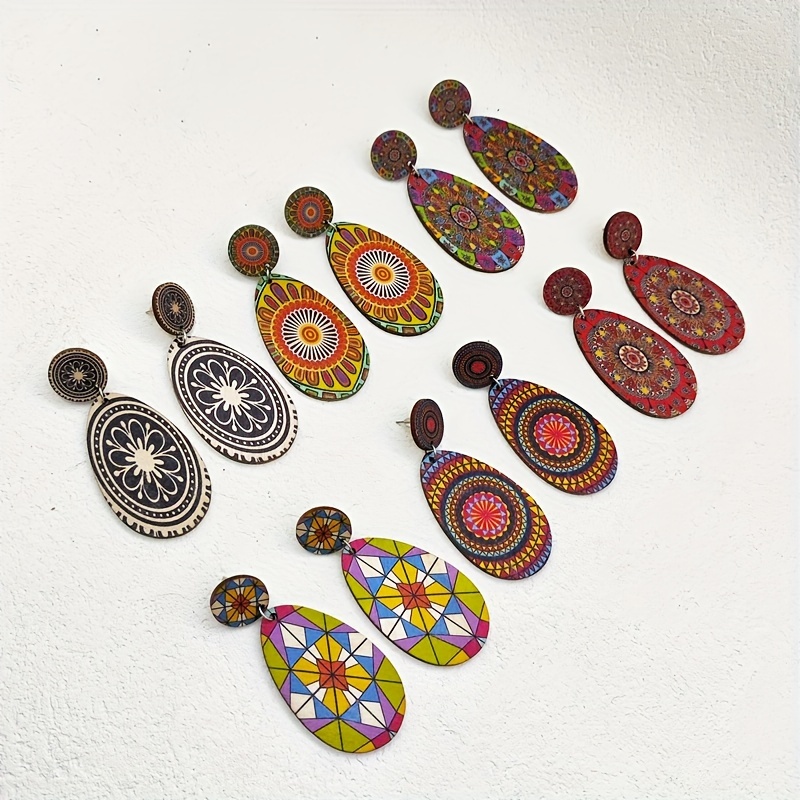 10 retro bohemian ethnic style colorful print wooden earrings fashion personal water drop geometry pendant womens earrings details 12