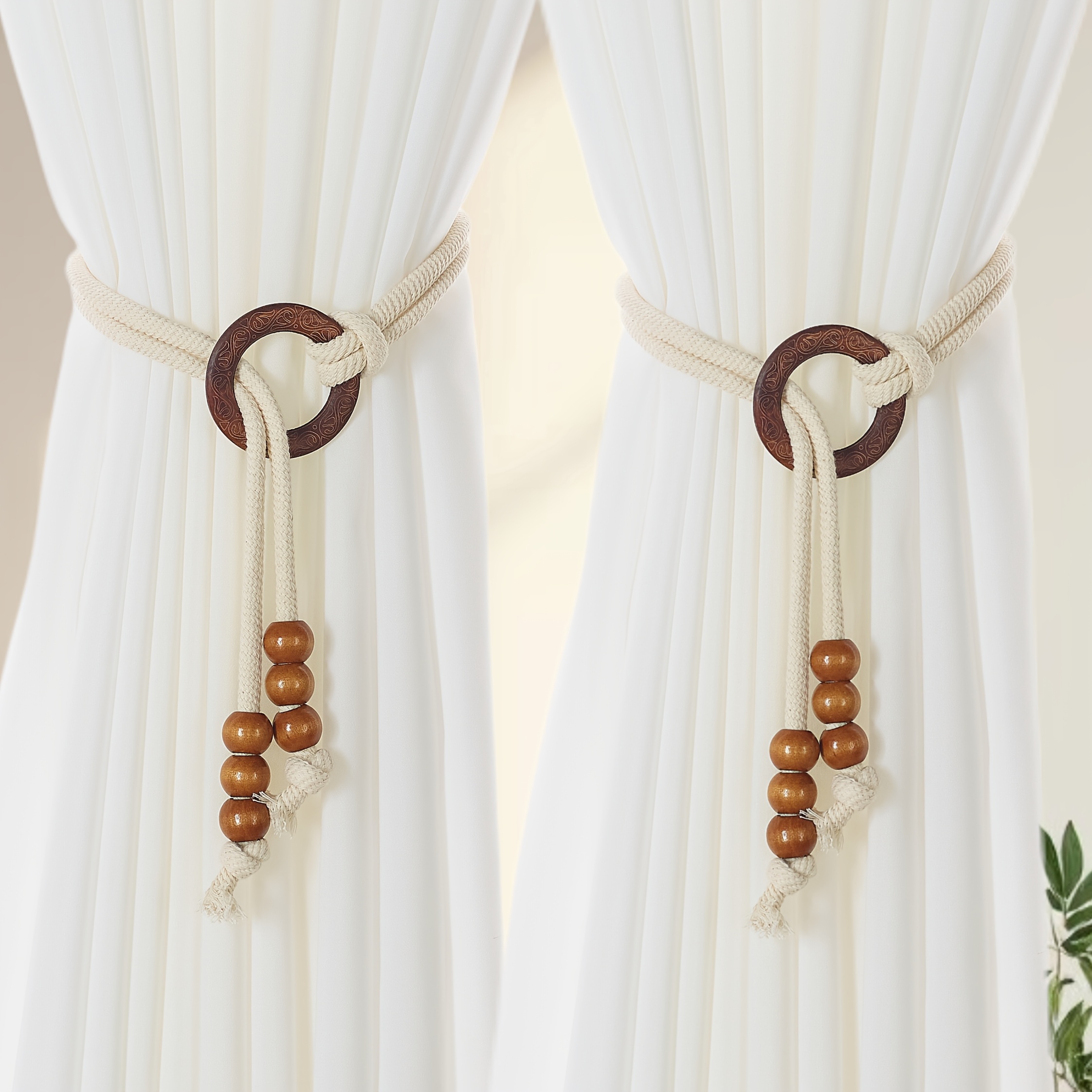 Image of 2-pack Vintage Wooden Ring Curtain Tiebacks, Pull- Fits More Curtain And Sheer Curtain Sizes, Exquisite And Room Bedroom Curtain Holdback Storage Ties, In Stock
