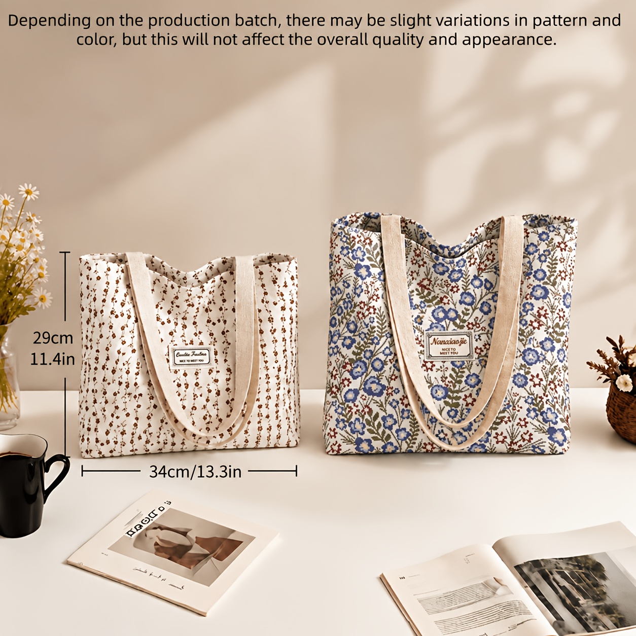 TEMU 2pcs Sac Fourre-Tout Floral Grande Femme, Sac à Main Rétro Imprimé pour Navetteur, Sac de Courses en Tissu Épaissi à l', Peut Transporter des