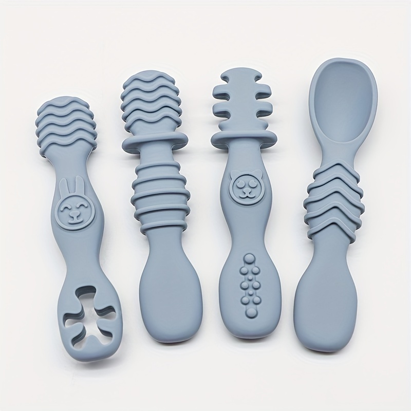 4pcs Silicone Chewing Spoon Set, Food Grade Silicone Spoon Fork Set, Silicone Spoon, Silicone Cutlery Training, Soft Feeding Utensils