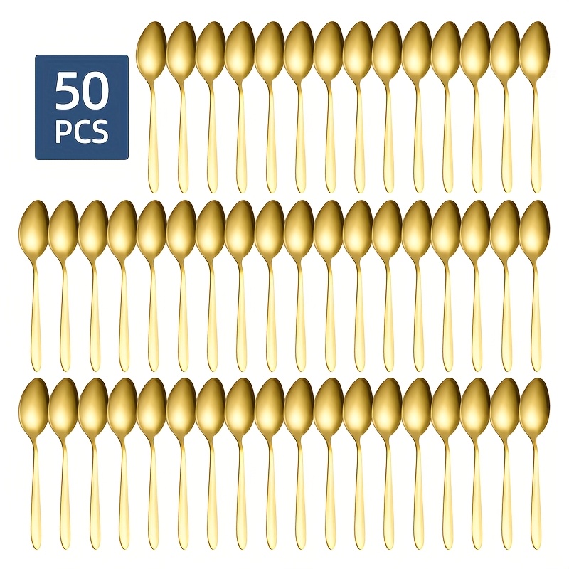 TEMU 50pcs Stainless Golden Household Restaurant Eating Spoons Long Handle Mixing Spoon Silvery Coffee Dessert Ice Spoon Tableware Hotel Supplies