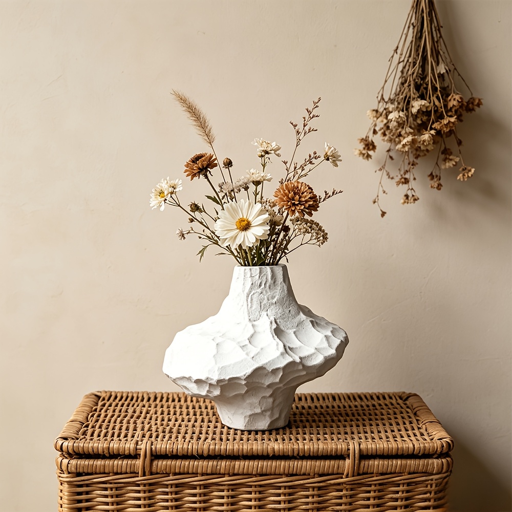 White Wabi-Sabi Ceramic Vase, Handmade Stone Texture Pottery, Matte Glaze Vessel for Living Room & Entryway, Hydroponic & Dried Flowers, Retro Home Decor for B&B & Tea House