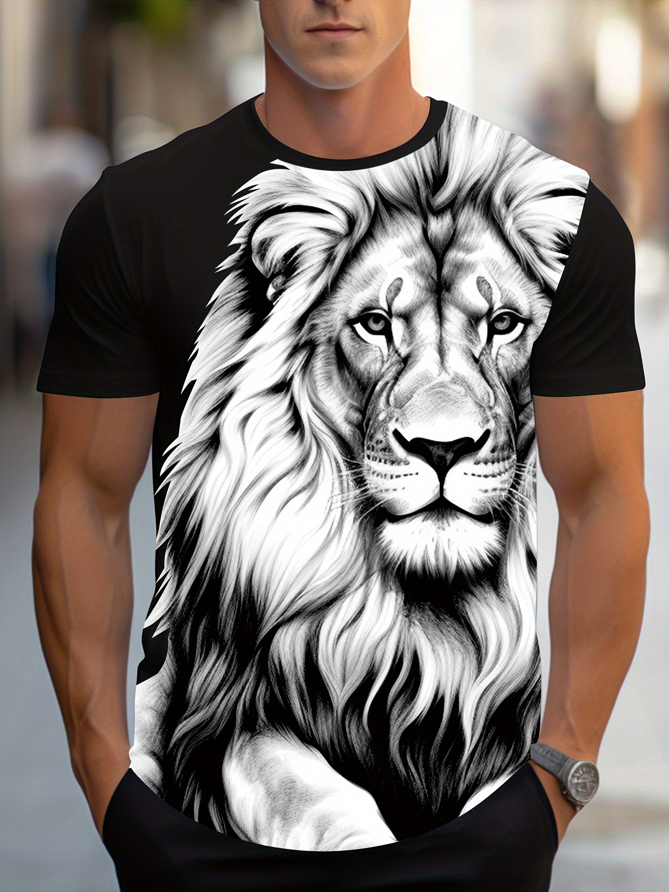 Men'S Casual Black & White Lion Graphic T-Shirt - Short Sleeve, Round Neck, Comfortable Polyester Blend, Summer Style, Versatile for Casual Attire, Everyday Tshirt | Graphic Tee | Durable Print