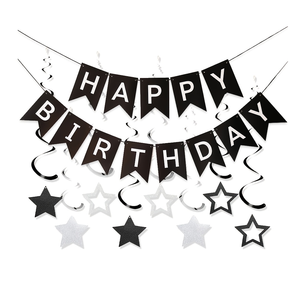 Image of Happy Birthday Decorations For Men Black And Silvery Party Decorations, Black And White Party Supplies - Happy Birthday Banner With 8pcs Star Hanging Swirl Streamer, Photo Booth Photography Background