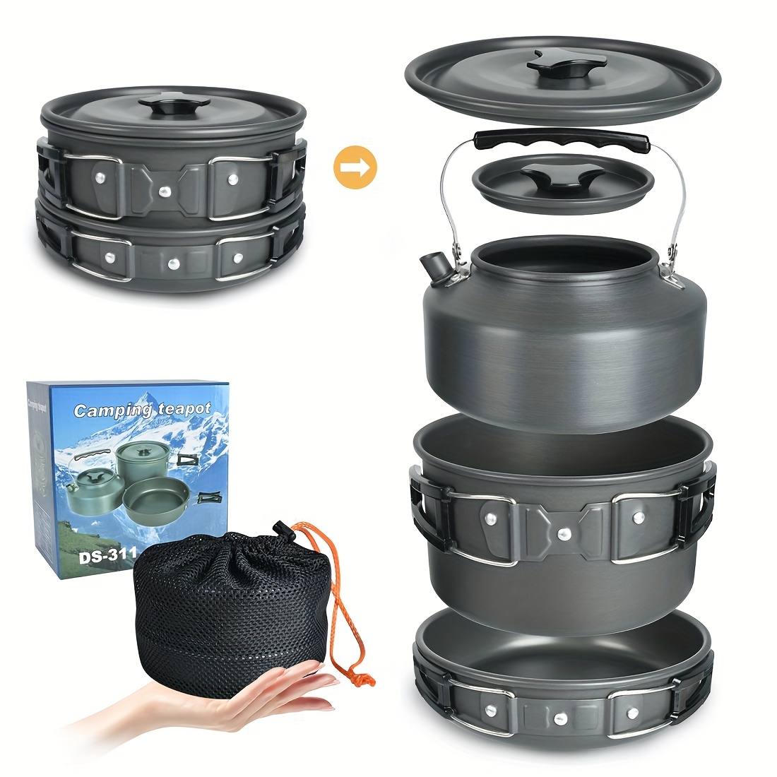 TEMU Outdoor Cooking Set Pot Set 3pcs Set Camping 2-3 People Convenient Lightweight Popular Cooking Portable Camping Equipment Outdoor Pot With
