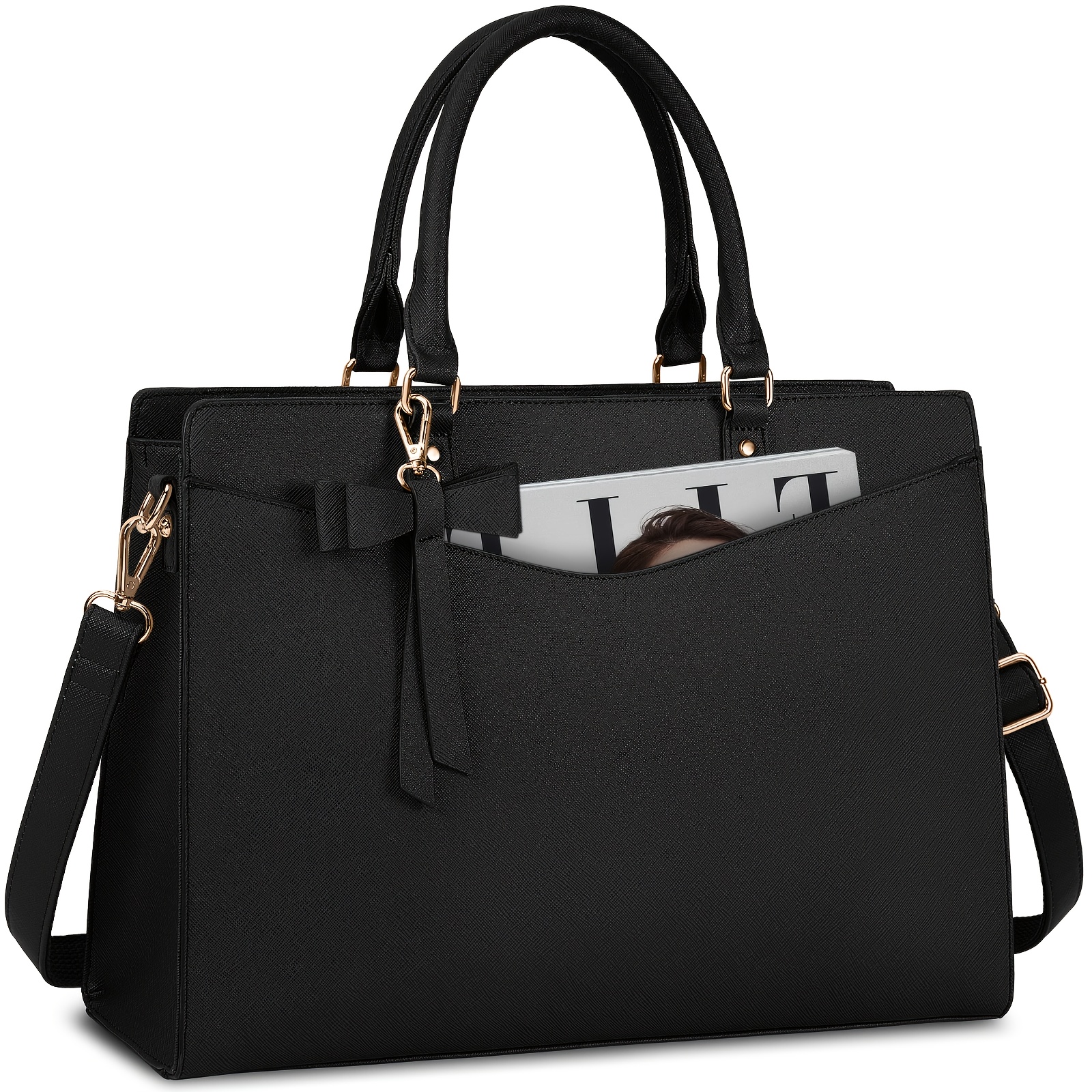 Rainsmore Laptop Bag For Women 15.6 Inch Pu Tote Bag Work Bag Briefcase Computer Tote Lightweight Handbag Shoulder, Black