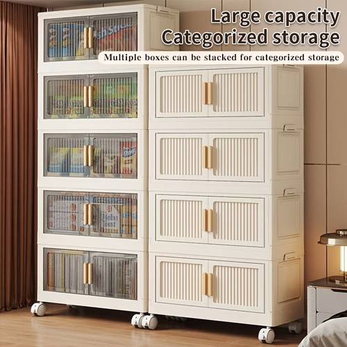 item picture stackable foldable storage cabinet large capacity organizer with wheels multi doors pp material for home bedroom living room kitchen storage