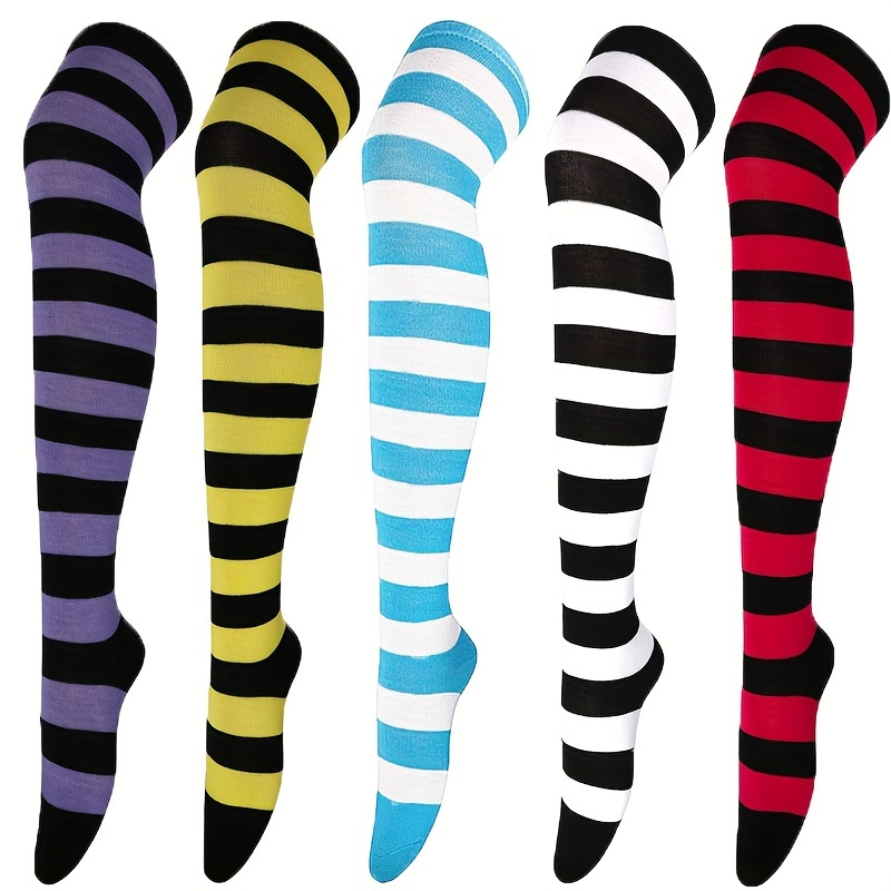 

5 Pairs Women's Plus Casual Thigh High Stockings, Plus Size Colorful Striped Cosplay Over The Knee Socks