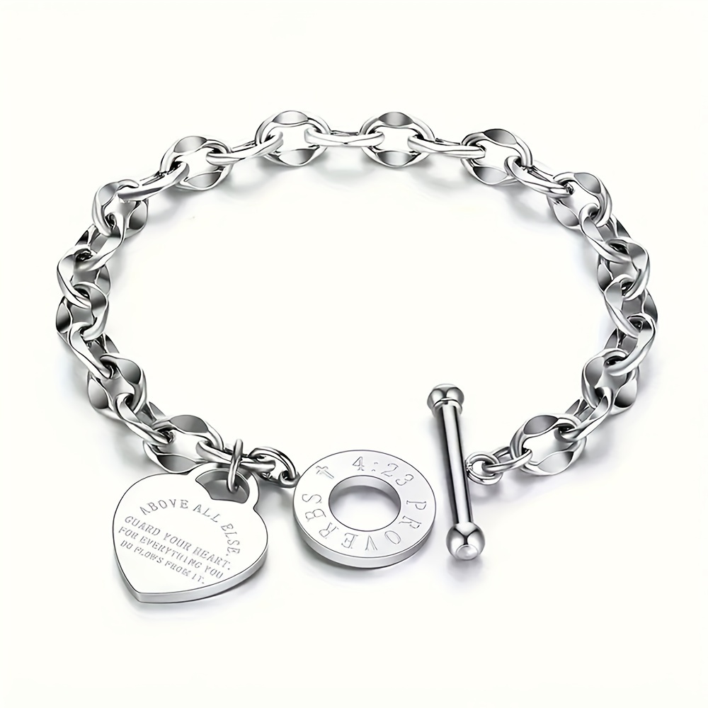 1pc Stainless Steel Bracelet With Heart Pendant, Double Heart OT Buckle Couple Bracelet Unisex