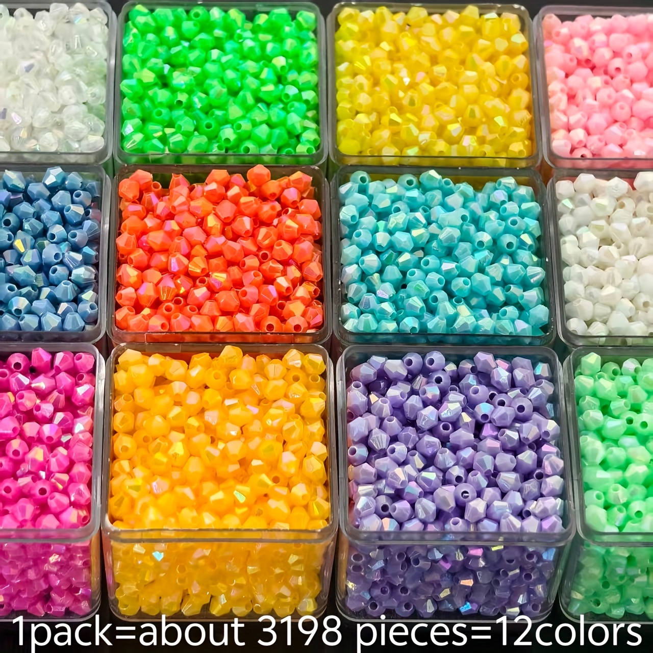 Image of 3198pcs Of 4mm Acrylic Colored Double-pointed Diamond Beads In 12 Colors, High-quality Decorative Beads For Handmade Sewing Materials, Bead Additions Suitable For Bohemian Jewelry Making