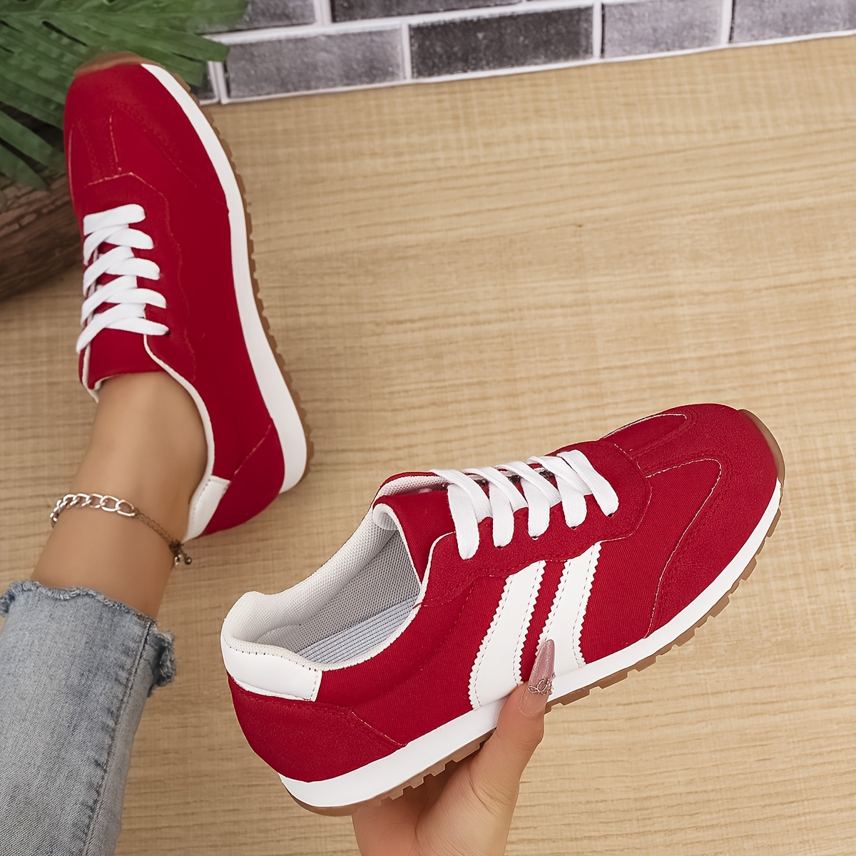 women's red fabric sneakers casual lace round toe shoes tpr Temu