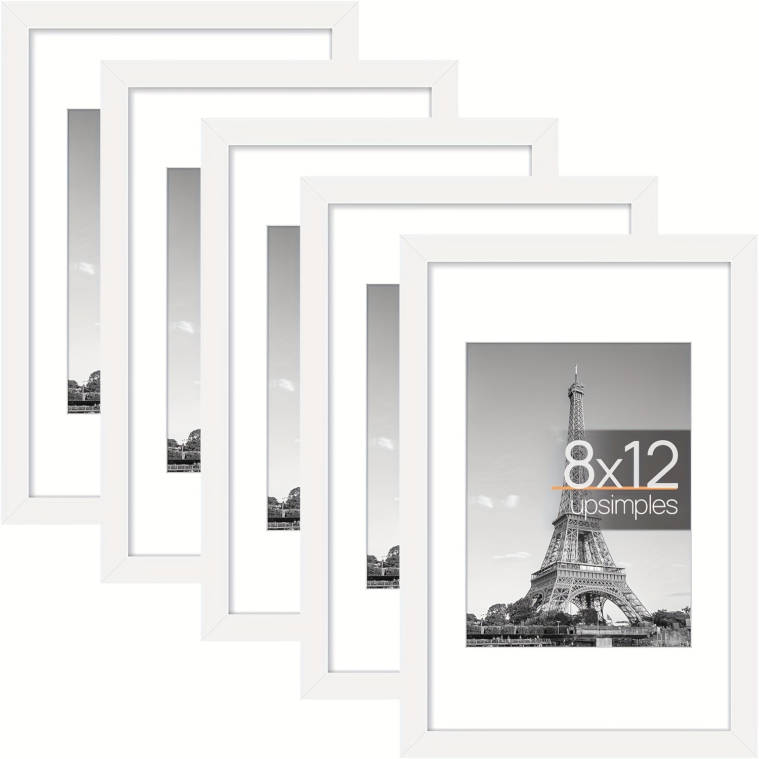 TEMU 8x12 Picture Frame Set Of 5, Display Pictures 6x8 With Mat Or 8x12 Without Mat, Wall Gallery Photo Frames, White