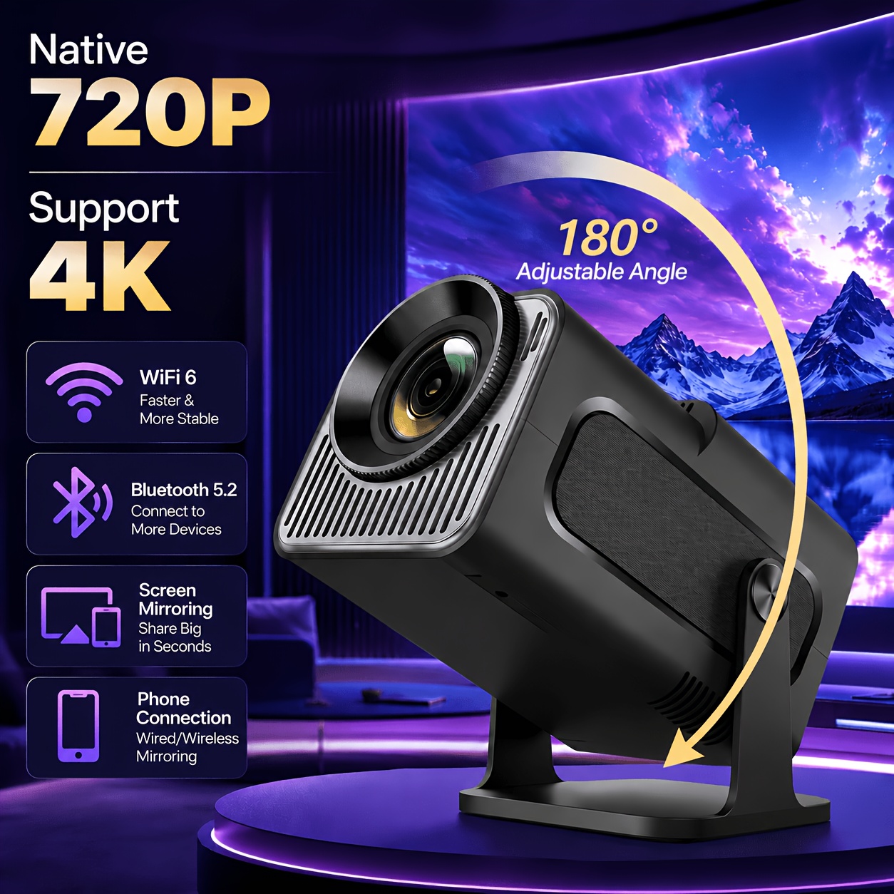TEMU 2026 Upgraded Native 720p, Support 4k Ultra Hd Projector With Wifi 6 & Bluetooth 5.2 | Auto Keystone Correction | Wireless Screen Mirroring For