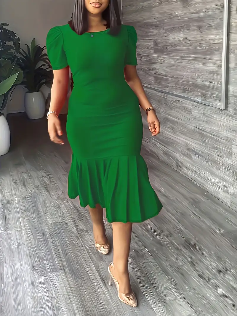 Plus Size Elegant Bodycon Dress with Ruffle Hem - Short Sleeve Round Neck Stretchy Midi Dress for Women, Machine Washable Spring & Summer Casual to Semi-Formal Outfits, Semiformal Attire, Flattering ... Plus Size Elegant Bodycon Dress with Ruffle Hem - Short Sleeve Round Neck Stretchy Midi Dress for Women, Machine Washable Spring & Summer Casual to Semi-Formal Outfits, Semiformal Attire, Flattering ...