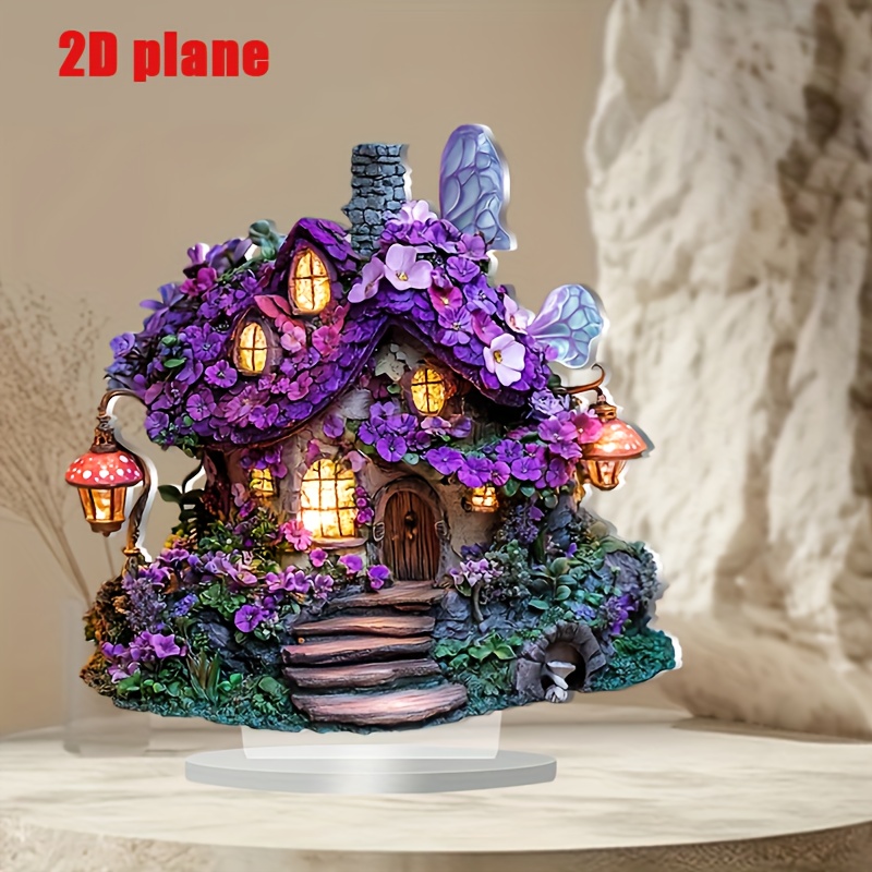 

1pc 2d Flat Bohemian Fairy House Tabletop Decoration - Acrylic Display With Vibrant Flowers, Mushrooms, And Cottage-, Home, Office, (9.06"x9.06")