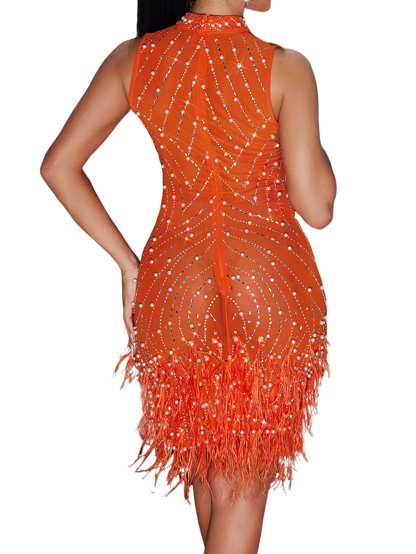 Elegant Orange Sleeveless Beaded Party Dress with Tassels and Rhinestones,  Round Neckline Slit Detail * Summer Beach Parties, Club Events, and Spring  2025 Celebrations, Summer Dresses