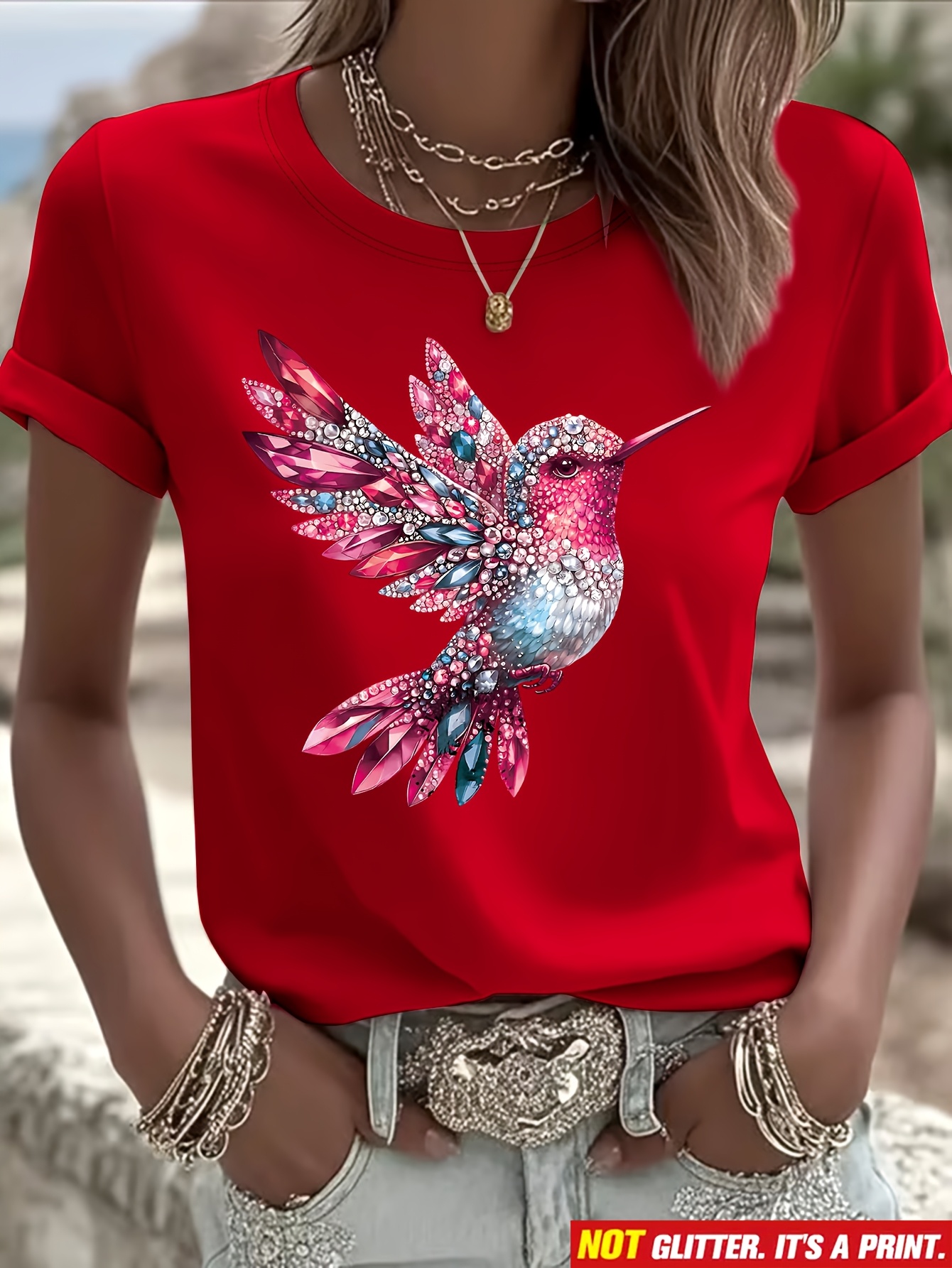 light luxury   diamond hummingbird flat print short sleeve t shirt regular fit round neck spring summer womens wear   casual lightweight breathable fabric suitable as a gift for daughters sisters birthdays  