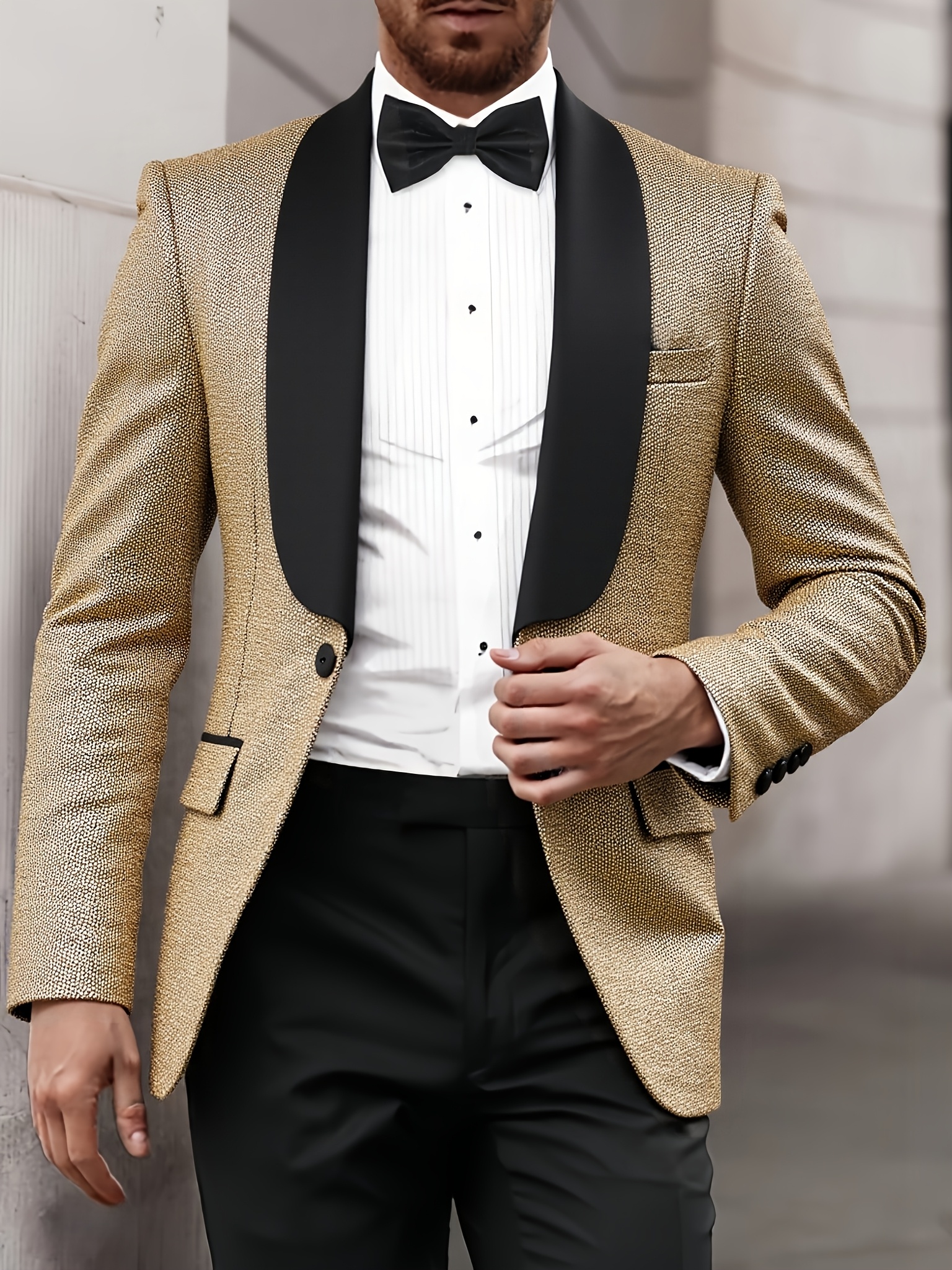 men's glittery golden tuxedo jacket black bow tie Temu Poland