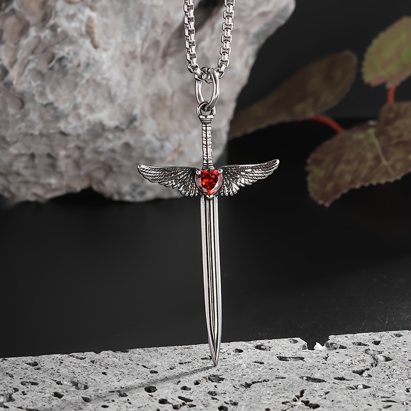 Vintage Red Cubic Zirconia Love Wings Sword Pendant Necklace