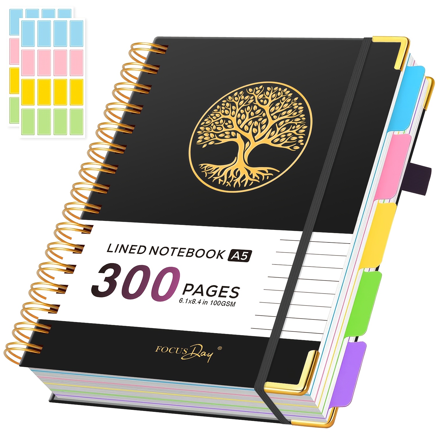 Image of 5-subject For Notebook College Ruled, 300 Pages Hardcover Spiral Bound Journal With Removable Dividers Tabs, 2 Stickers, A5 Lined For Notebook For Note Taking & Organizer, 6.1" X 8.4", Back To School