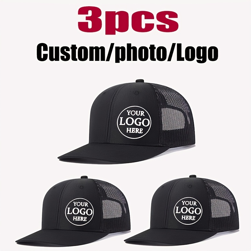 TEMU 3pcs Logo Trucker Hats Suitable For Outdoor, Breathable Mesh Baseball Caps With Adjustable Back Closure, Personalized Logo/logo & Text Printing,
