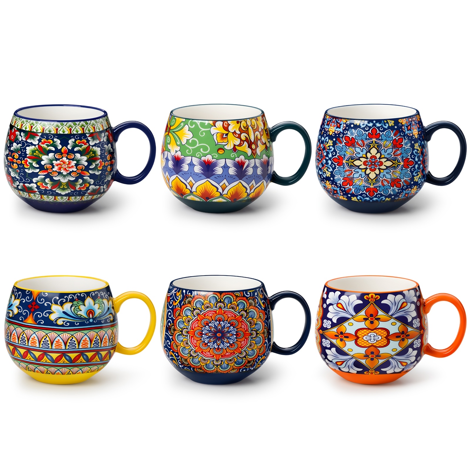 E-shop Bohemian Style Tassen Set mit 6 Stück - 18Oz Keramik Kaffeetassen mit bunten Mandala Mustern, handgefertigter Look, für Tee, Kaffee und heiße