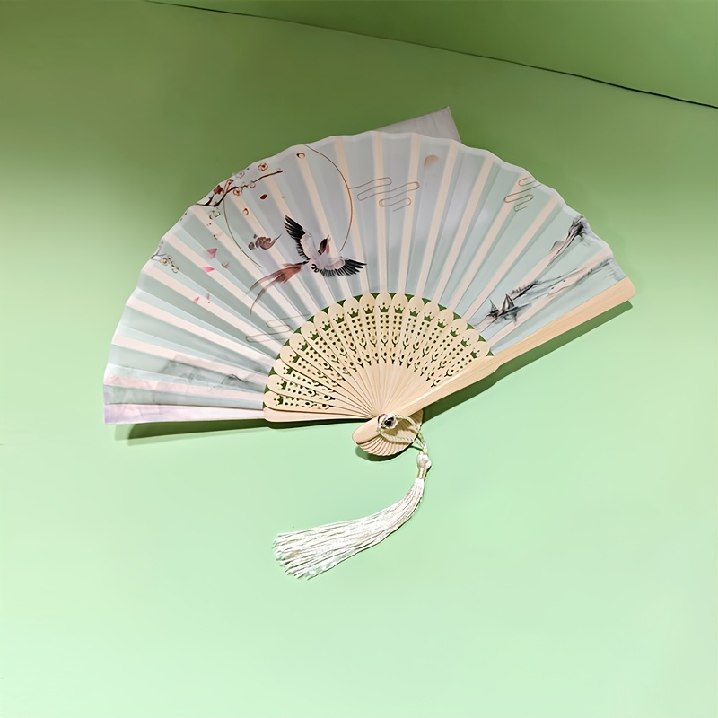 TEMU Portable 16cm Mini Bamboo Folding Fan - Retro Chinese Style Hand Fan With Bird & Plum Print, Tassel Trim, Lightweight Pocket Fan Suitable For