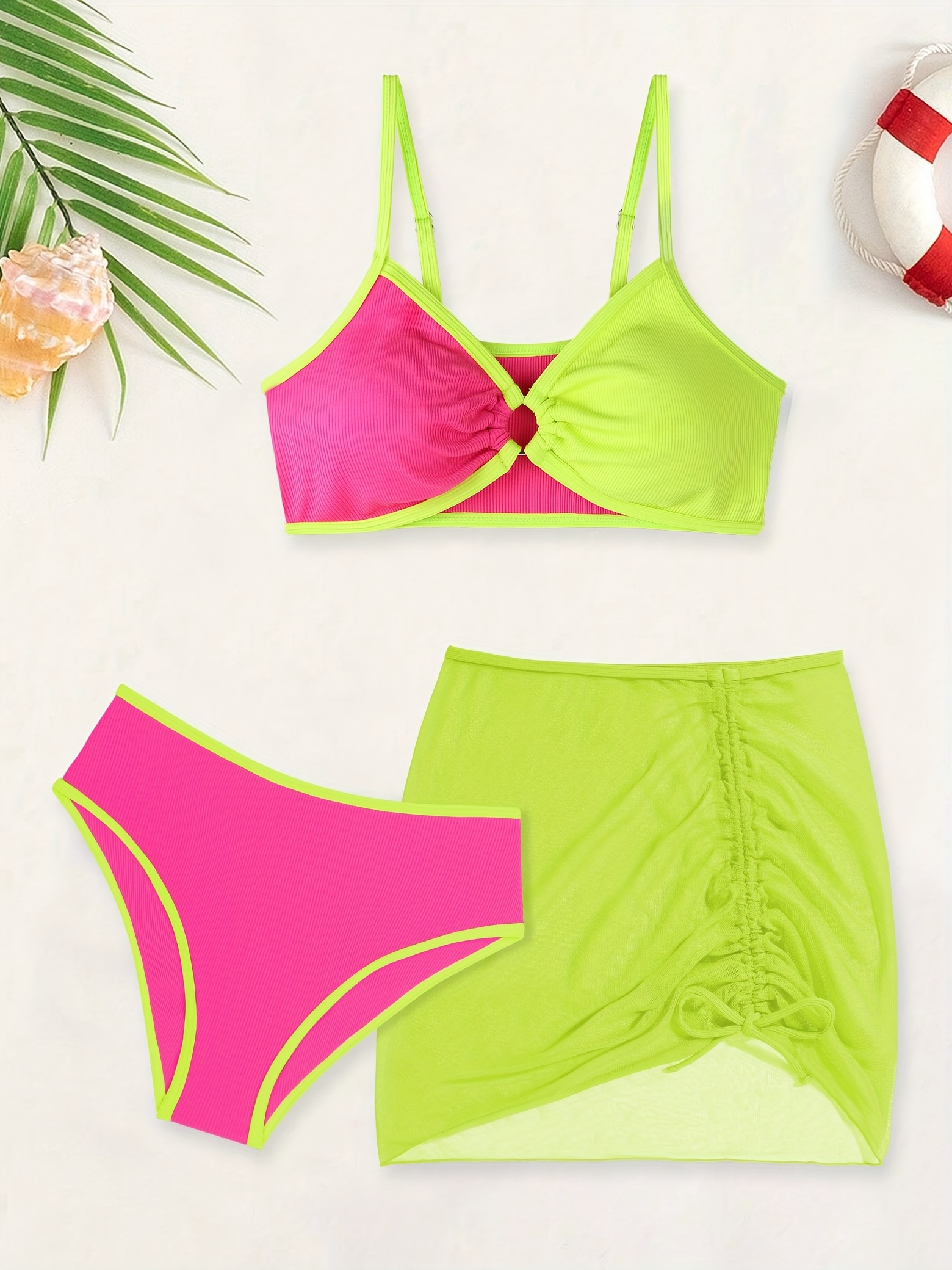 Maillot De Bain 2 Pièces Bébé Fille - Imprimé Pastèque/dinosaure/pois, Volants - Polyester - Tenue été Plage