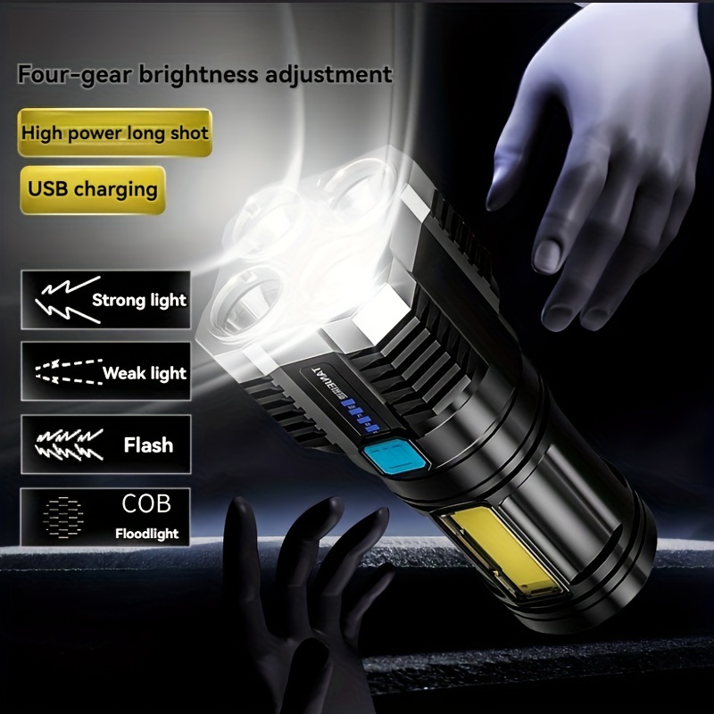 

Ultra-bright 4-core Led Flashlight With Side Light - Usb Rechargeable, Portable Multi-functional Torch For Home Use