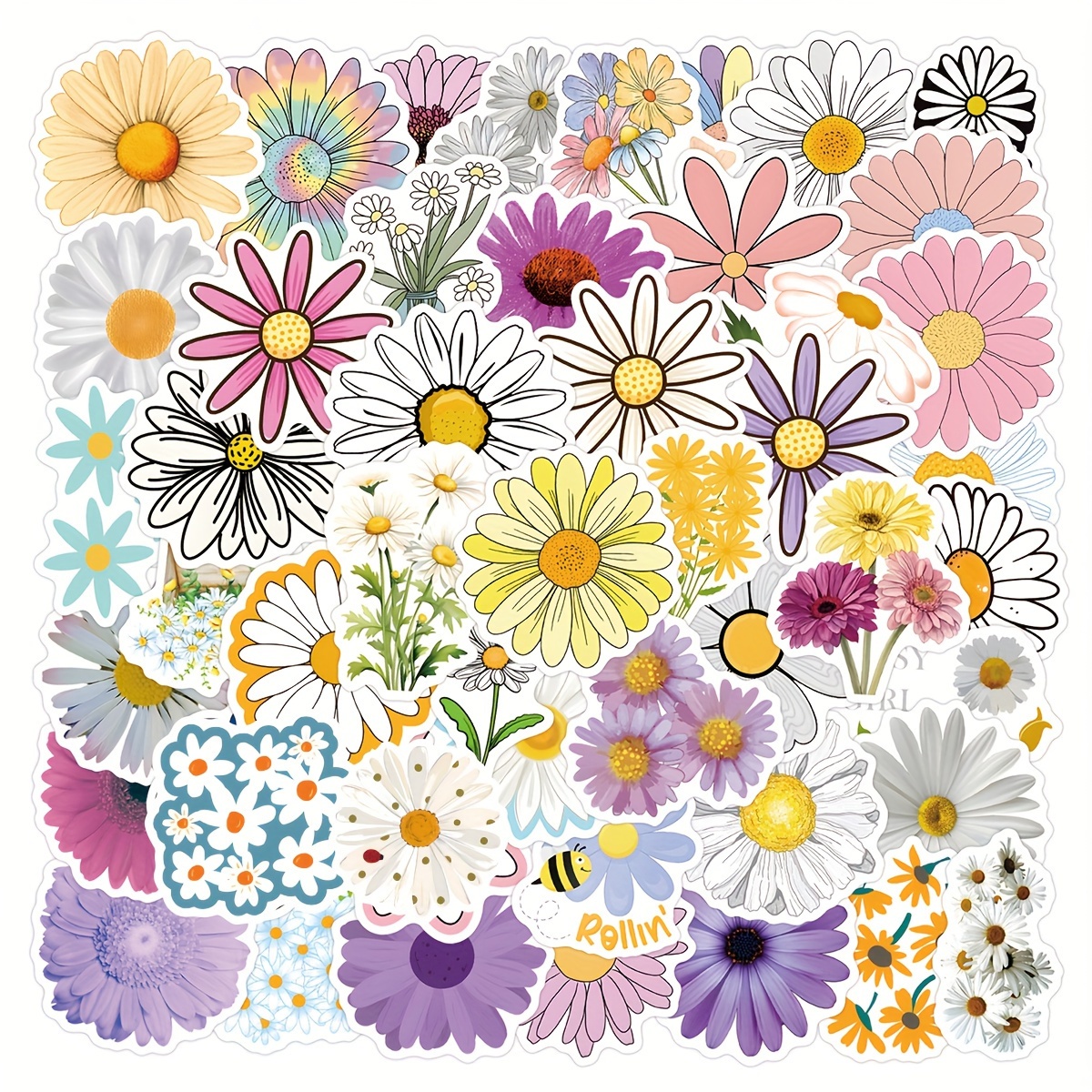 

56pcs Daisy Vinyl Sticker Set - For Scrapbooking, Laptops, Water Bottles & More - Paper Material