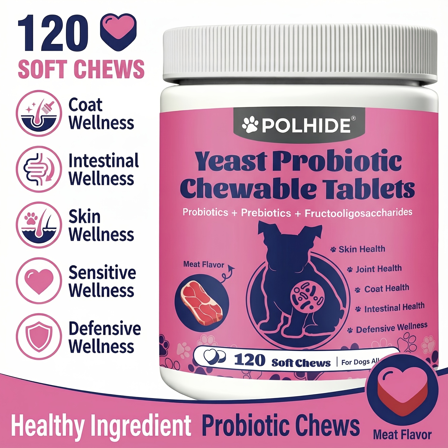 TEMU 120 Chews Yeast Probiotic For Dogs - Meat Flavor , Coat And Intestinal Health, , Sensitive And Wellness, Probiotics Fos, 90 Day Supply, Pet Probiotic Supplement, All Ages Suitable