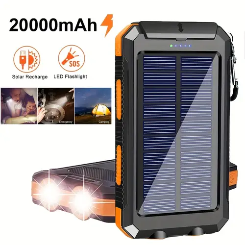 20000mah solar power bank portable charger built in bright flashlight compass dual usb output micro input interface external backup battery pack for iphone ipad etc for all cell phone and electronic devices