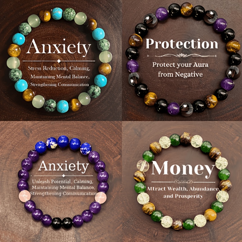 TEMU 4pcs Bohemian Style, Protection And Amulets, Hand-woven Elastic Bead Jewelry, Featuring Eye, Obsidian, Amethyst, And Smoky Quartz, Suitable For